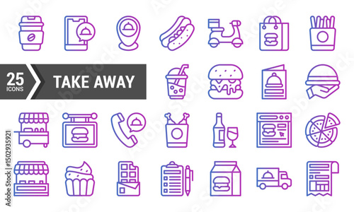 25 Take Away Food Delivery Icons in Gradient Style.