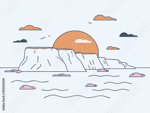 Beautiful vector illustration of a summer sea beach landscape with a boat under a sunny sky