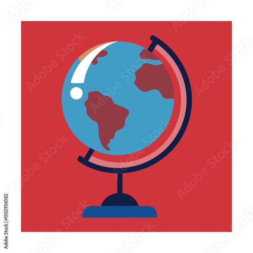 Colorful vector illustration of a globe on a stand against a red background