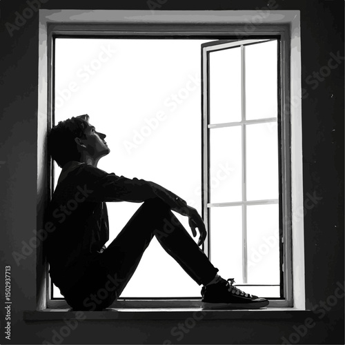 Pensive Man Silhouette Sitting by Open Window - Solitude and Reflection