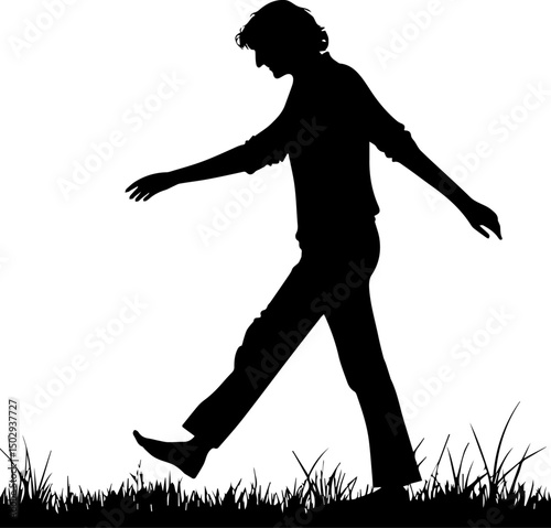 Man Walking on Grass Silhouette - Leisurely Outdoor Stroll