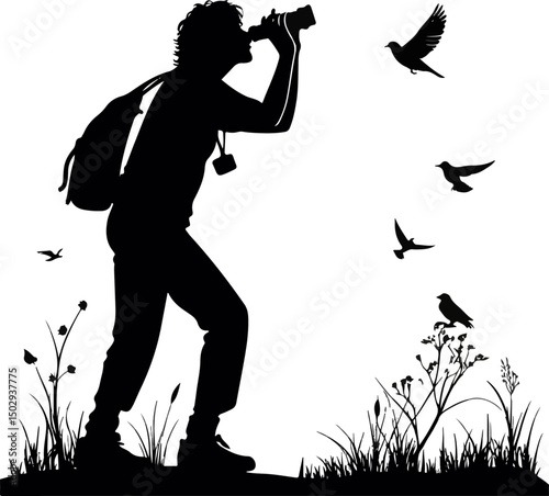 Birdwatcher Silhouette with Binoculars and Flying Birds in Nature