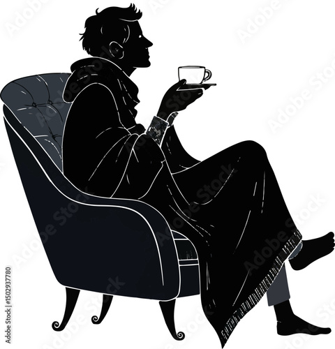 Cozy Man Silhouette Drinking Tea in Armchair - Hygge Lifestyle Illustration