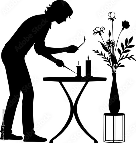 Silhouette of Person Lighting Candles on a Table