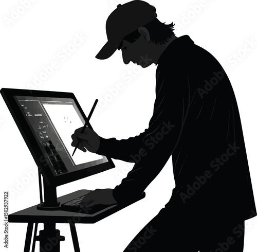Digital Artist Drawing on Pen Display Tablet Silhouette