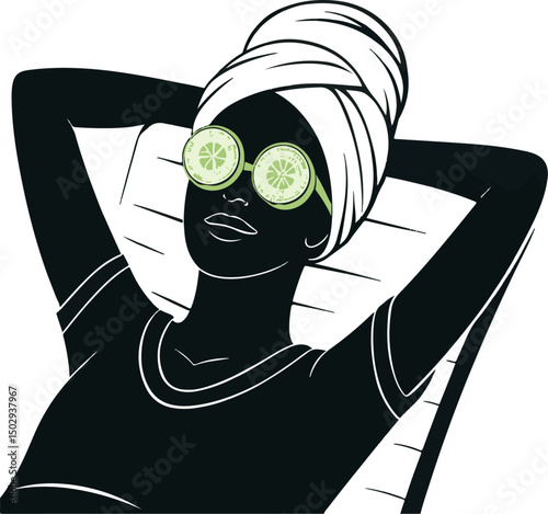 Relaxing Woman with Cucumber Eye Mask and Head Wrap