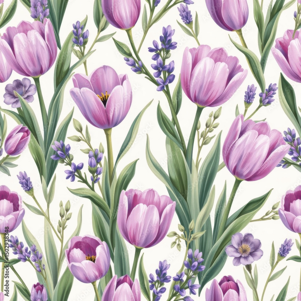 Fototapeta premium Delicate Floral Pattern with Tulips and Lavender on Soft Background