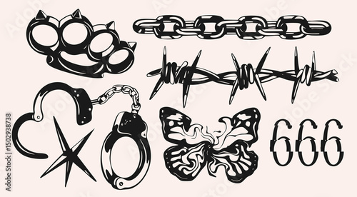 Brass knuckles, chain, barbed wire, hand cuffs, star, swirled butterfly, number of beast. Hand drawn Vector illustration. Tattoo flash, sticker, logo, icon, print, design templates. Isolated elements