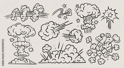 Various cartoon Explosions. Bomb, fire cloud, explosion burst, boom, blast, bang, smoke, gas puffs. Retro, vintage, comic style. Hand drawn trendy Vector illustration. Isolated design elements