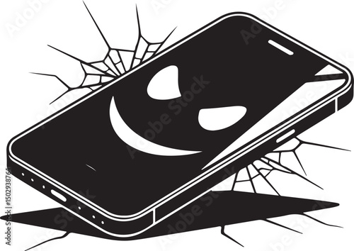 Cracked Smartphone Screen with Evil Grin Illustration