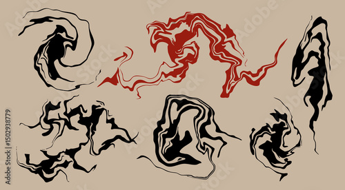 Marble, liquid, petrol stain set. Swirled ink, abstract fluid collection. Hand drawn modern Vector illustration. Isolated design elements. Print, poster, placard, flyer, tattoo, banner templates