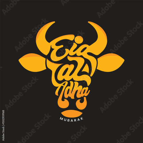 Eid ul Adha, Festival of Sacrifice Typography and lettering design. Eid mubarak text design of cow shape for social media poster, banner, greeting card vector design. 
