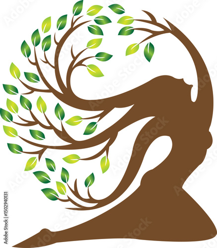 Stylized tree design with a graceful female figure forming the trunk, symbolizing nature, freedom, and growth. Brown silhouette with green leaves in an elegant, abstract form.
