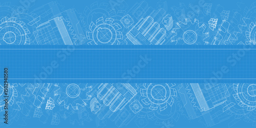 Mechanical engineering drawings on blue background. Cutting tools, milling cutter. Technical Design. Cover. Blueprint. Horizontal seamless pattern. Vector illustration.