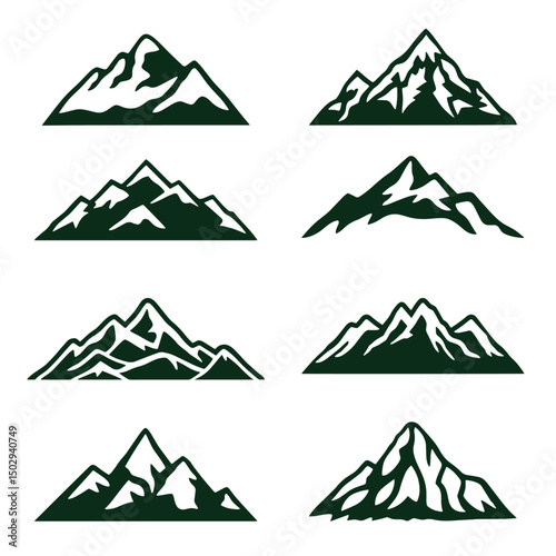 Vector Mountain Icons Set – Stylized Mountain Peaks in Dark Green.
