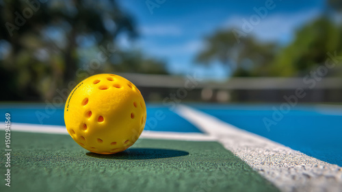 Yellow pickleball ball on court near baseline, outdoor sports equipment