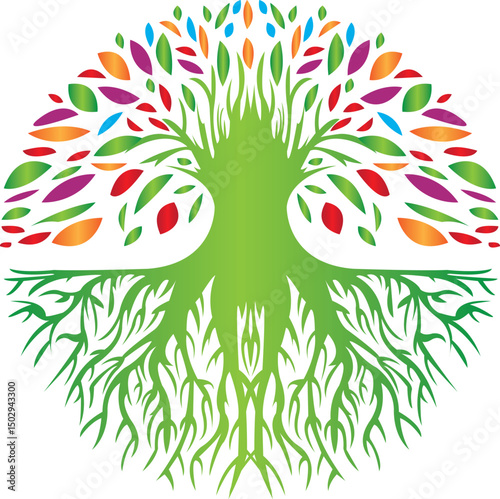 Colorful abstract tree with vibrant leaves and intricate roots forming a symmetrical circular shape. Symbolizes life, growth, unity, and nature's energy in a modern design.