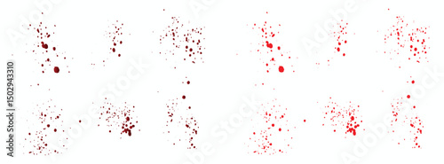 Collection of drops and splatter gradient red blood isolated background