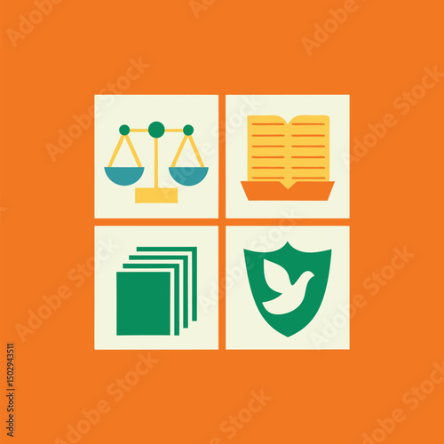 Abstract icons representing justice law protection knowledge and peace illustrated design