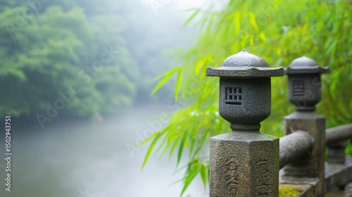 Stone lanterns beside misty lake with green foliage in background nature scene