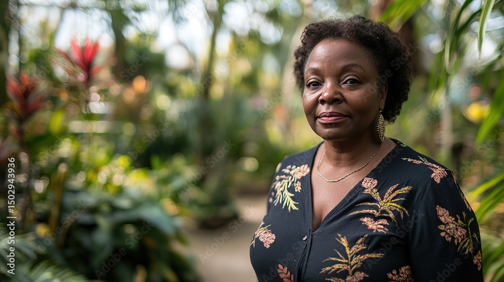 Black woman in a botanical garden, sunlight through leaves, blurred greenery behind. Serenity and connection with nature.
Black woman in a botanical garden, sunlight through leaves, blurred greenery behind. Serenity and connection with nature.