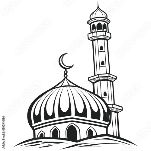 Black and white mosque illustration with crescent moon and minaret