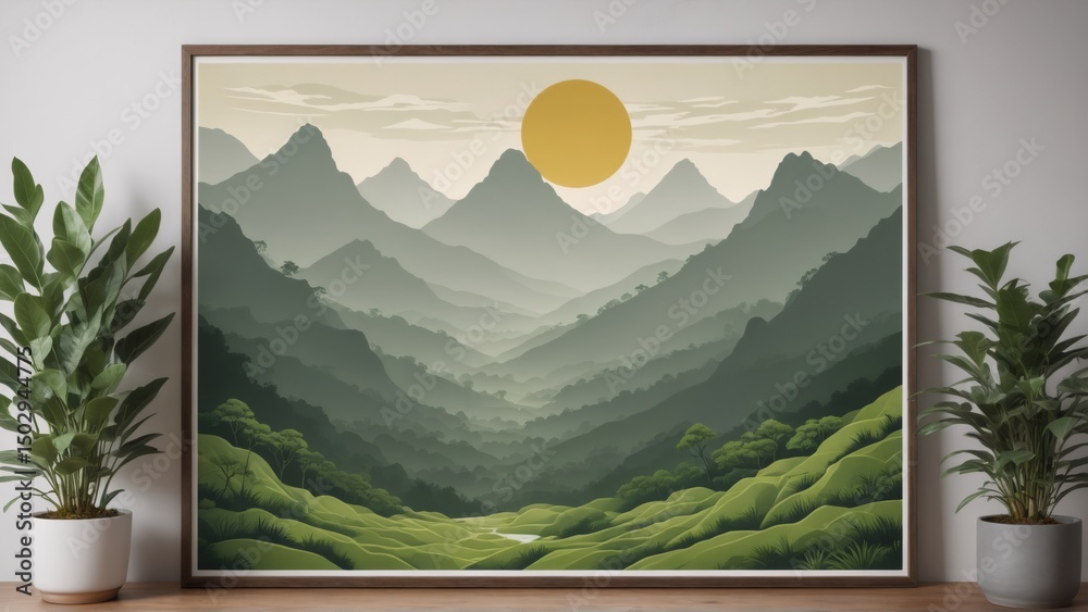 Fototapeta premium Stylized layered mountain landscape artwork with sun for home decor