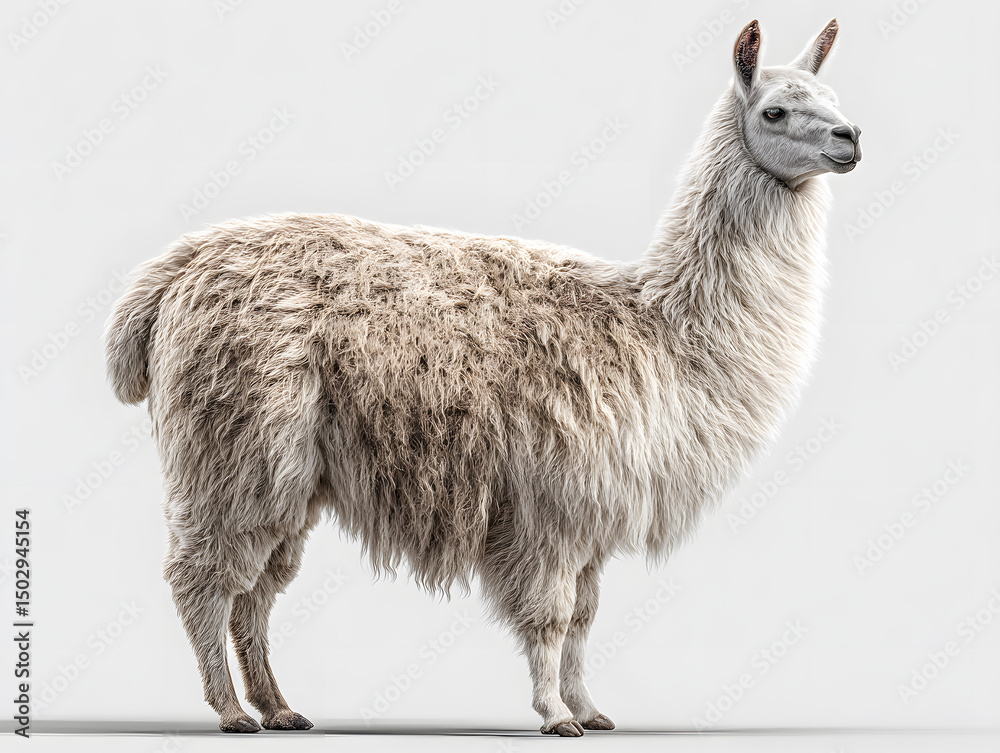 Fototapeta premium A llama poses confidently with its fluffy coat displayed prominently in a studio setting