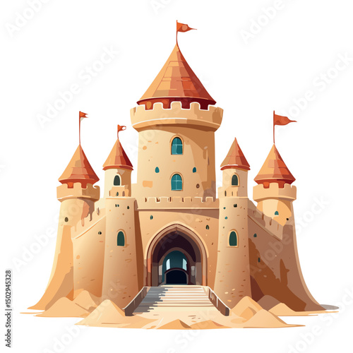 An imposing sandcastle with high walls, conical turrets, and a steep staircase leading to an arched entrance