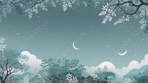 Dreamy forest at night with moons, clouds, and foliage illustration