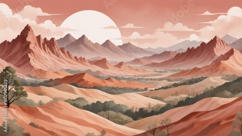 Vast desert landscape illustration with mountains and setting sun