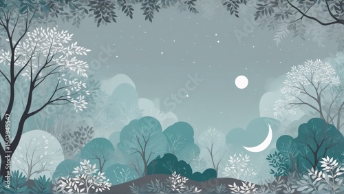 Mystical forest scene at night with moons and stars illustration