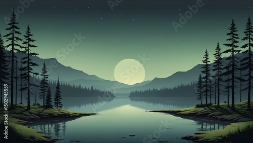 Tranquil lake and mountain landscape with forest and large moon at night illustration