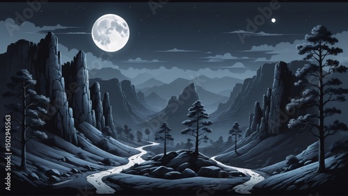 Moonlit mystical mountain valley landscape with river and trees at night