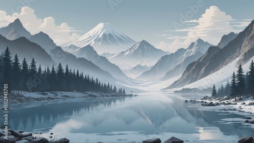 Majestic winter mountain landscape with calm lake and snowy peaks reflection