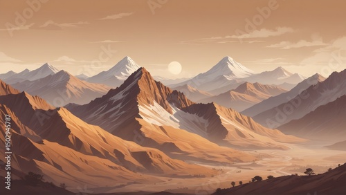 Stylized mountain landscape illustration with snow capped peaks and warm sky