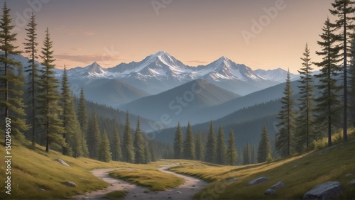 Majestic mountain landscape with forest and winding path at sunset