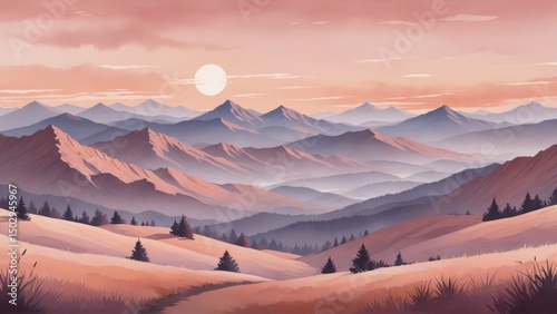 Stylized mountain landscape at sunrise with rolling hills and trees and pastel sky