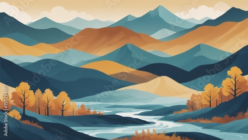 Stylized mountain landscape illustration with river and autumn trees