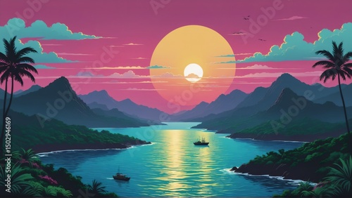 Vibrant tropical bay sunset with mountains, palm trees, and boats