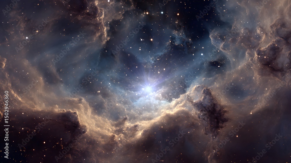 Obraz premium A breathtaking view of a nebula, showcasing cosmic clouds illuminated by a bright star, surrounded by stars.