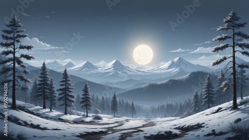 Majestic winter mountain landscape with snow-covered trees and bright sky