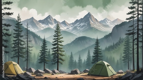 Camping tents set up in a serene mountain forest landscape illustration