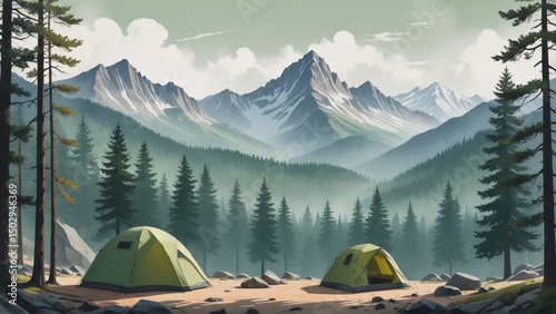 Camping tents set up in a scenic mountain forest landscape