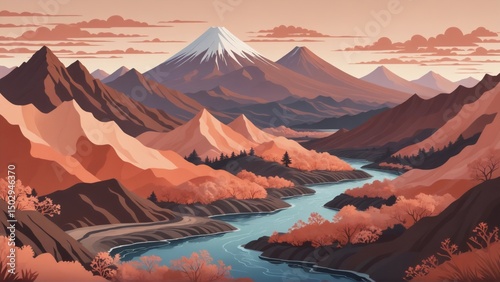 Stylized mountain landscape with river and trees in warm colors