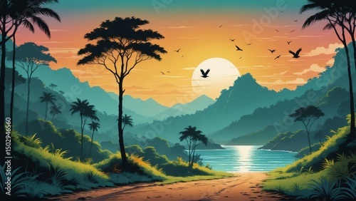 Tropical landscape with sunset over mountains and water, trees, and flying birds