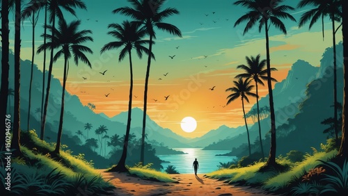 Person walking towards tropical sunset landscape with palm trees and water