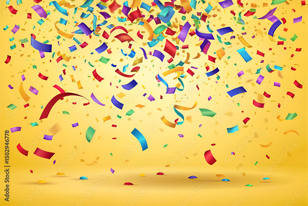 Fototapeta premium Festive Colorful Confetti Falling on Yellow Background