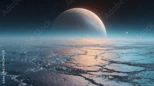 Surreal landscape of a distant planet with a large moon rising over a rugged, icy terrain. Futuristic world.