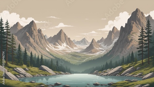 Scenic Mountain Landscape with Lake and Forest Illustration